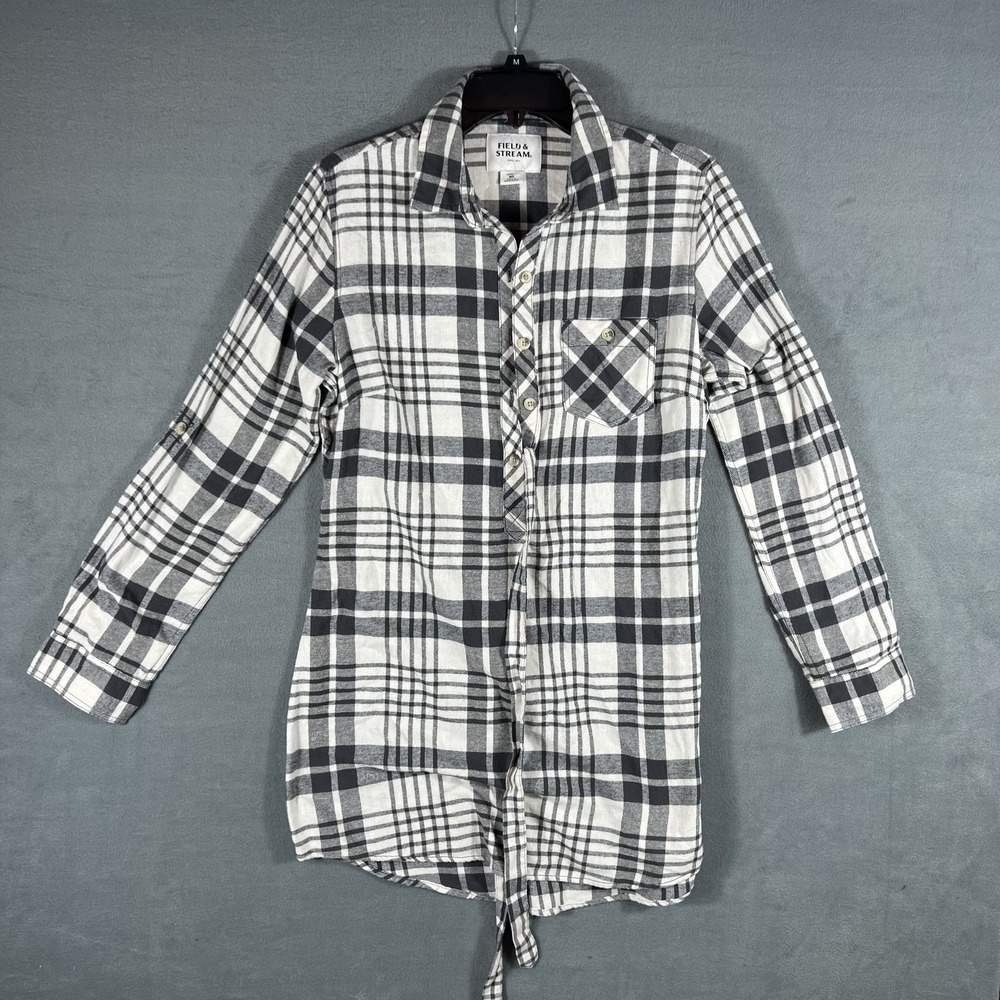 Field & Stream Women's MD Black White Plaid‎ Flannel Roll-Tab Sleeve Tunic Shirt